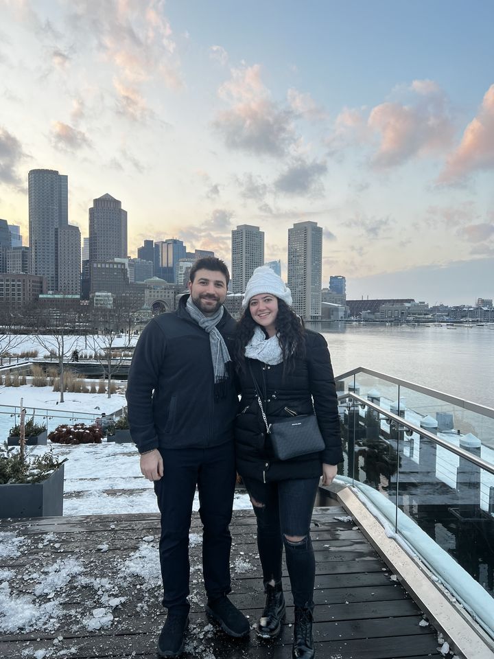 Jessica and Rami on the Boston waterfront in the snow