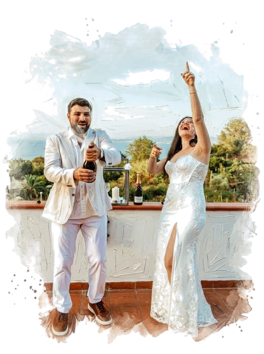 Rami opening champagne as Jessica cheers, painted in watercolor