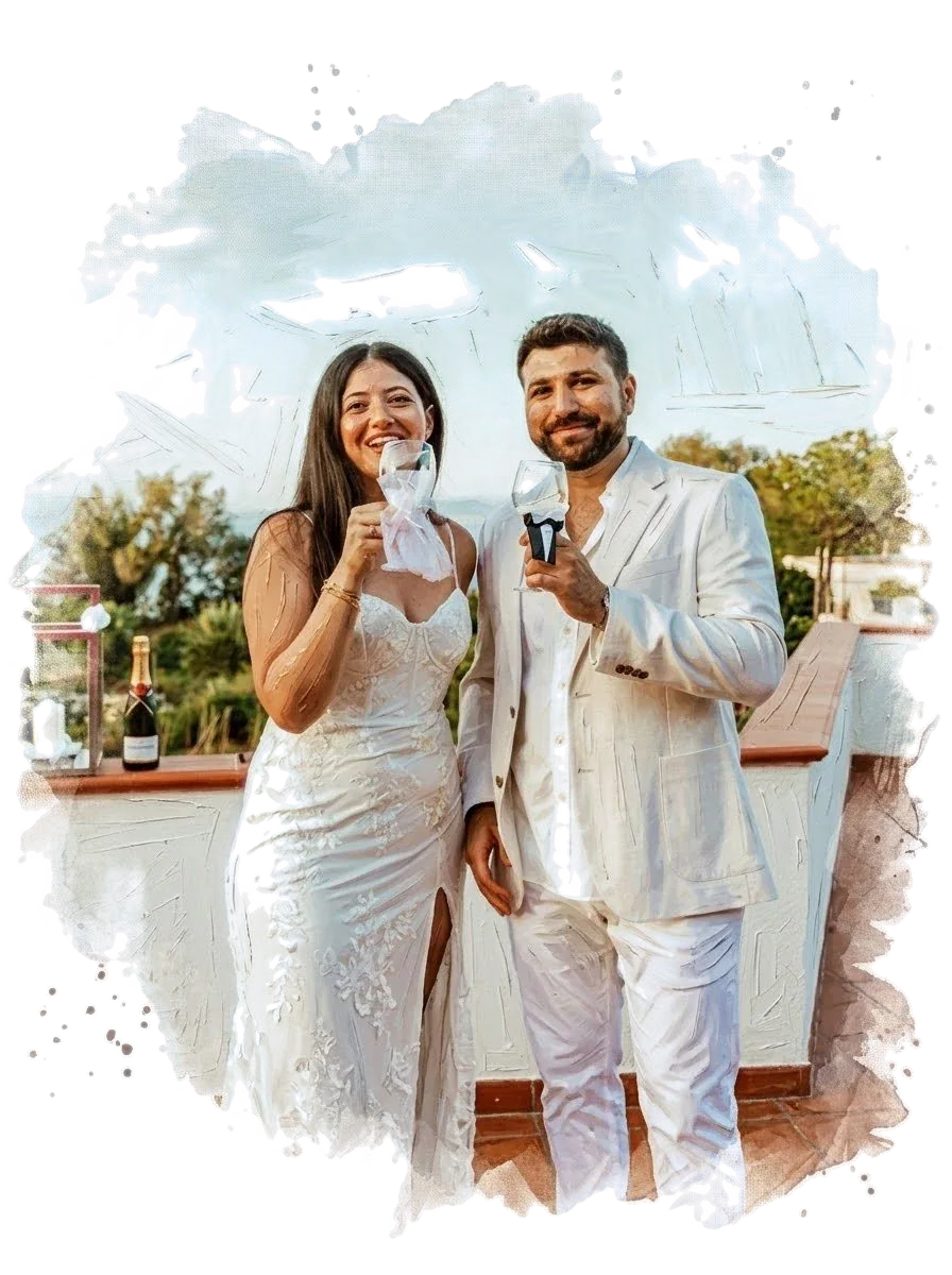 Rami and Jessica raising champagne glasses, painted in watercolor