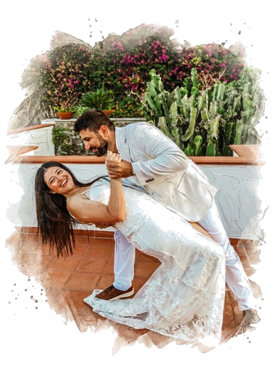 Rami dipping Jessica in a dance, painted in watercolor