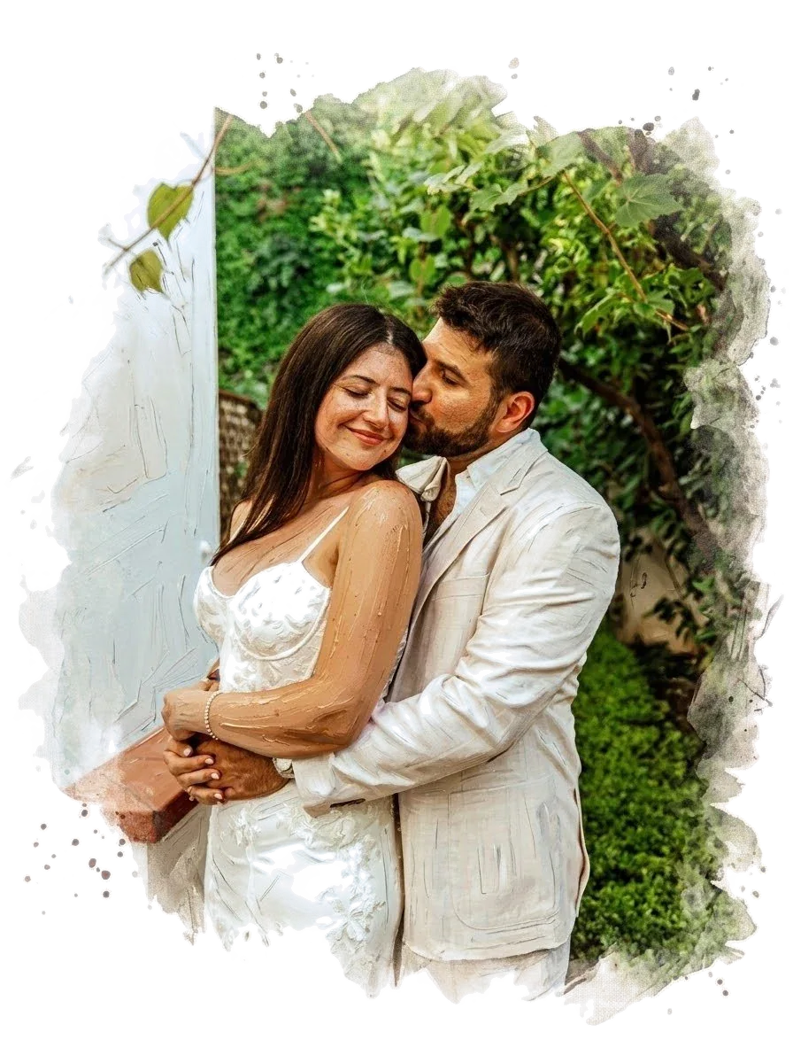 Rami holding Jessica close in a garden, painted in watercolor