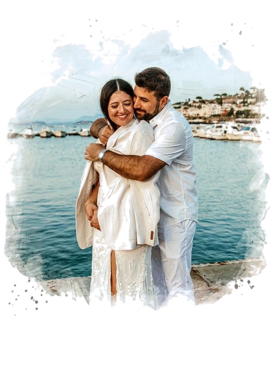 Rami and Jessica embracing by the harbour, painted in watercolor