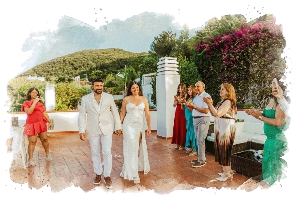Rami and Jessica walking in hand in hand as their family applauds, painted in watercolor